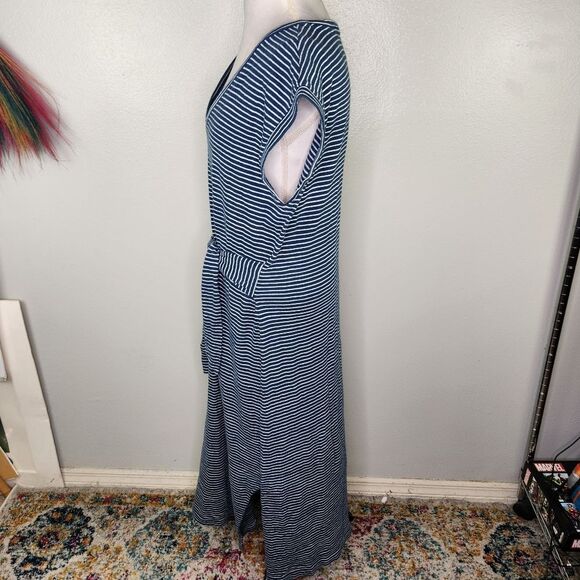 LOFT Blue & White Stripe Cap Sleeve Tie Waist Split Side Maxi Dress Size XL - Picture 12 of 14